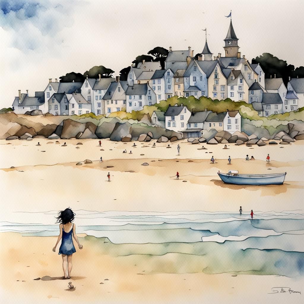 Roscoff Beach Scene in Whimsical Watercolor Style