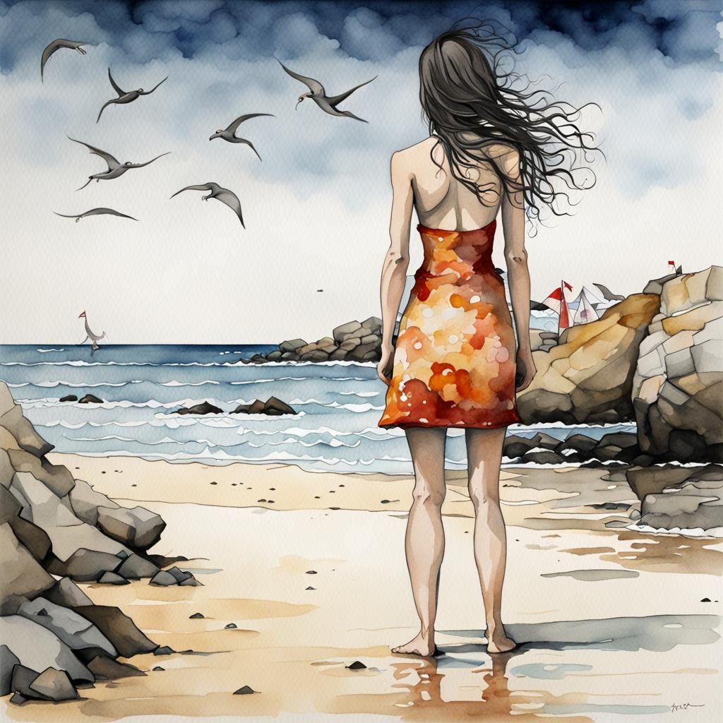 Roscoff Beach Watercolor Painting in Burtonesque Style