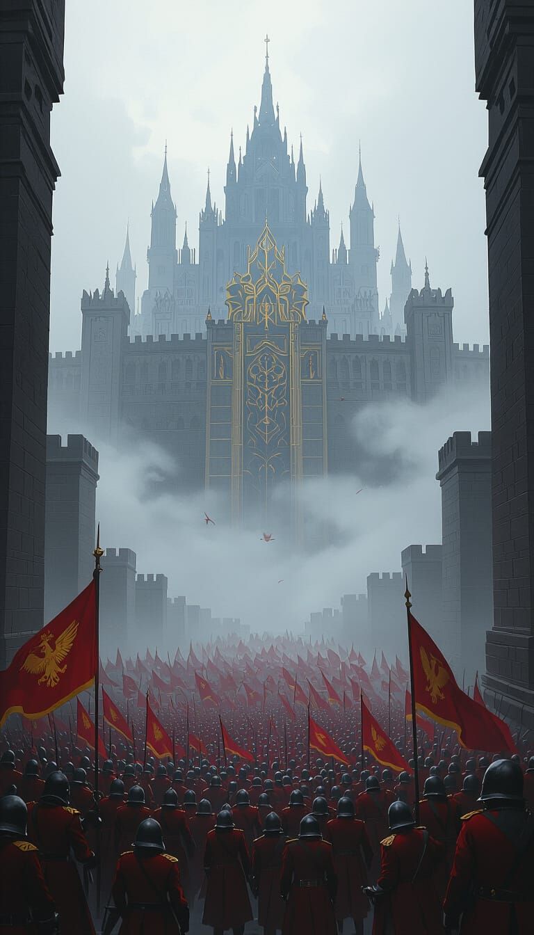 Fog-Shrouded City with Red Army, Dark Fantasy Art