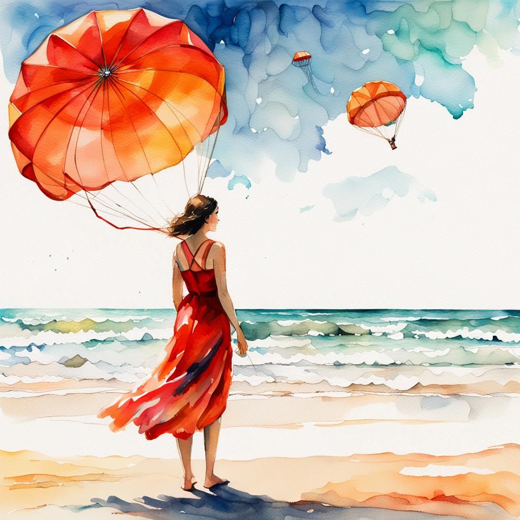 Woman with Parachute: Digital Watercolor Art