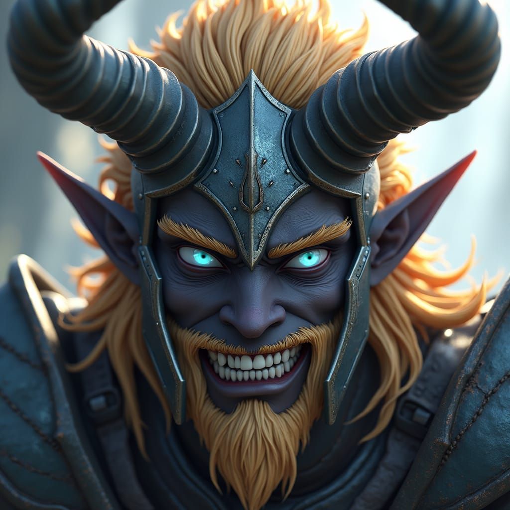 Majestic Dark Elf Warrior with Fierce Gaze and Horned Helmet