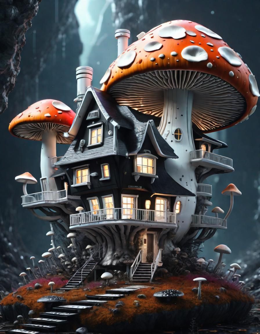 Futuristic Mechanical Mushroom House in Hyperrealistic Anime...