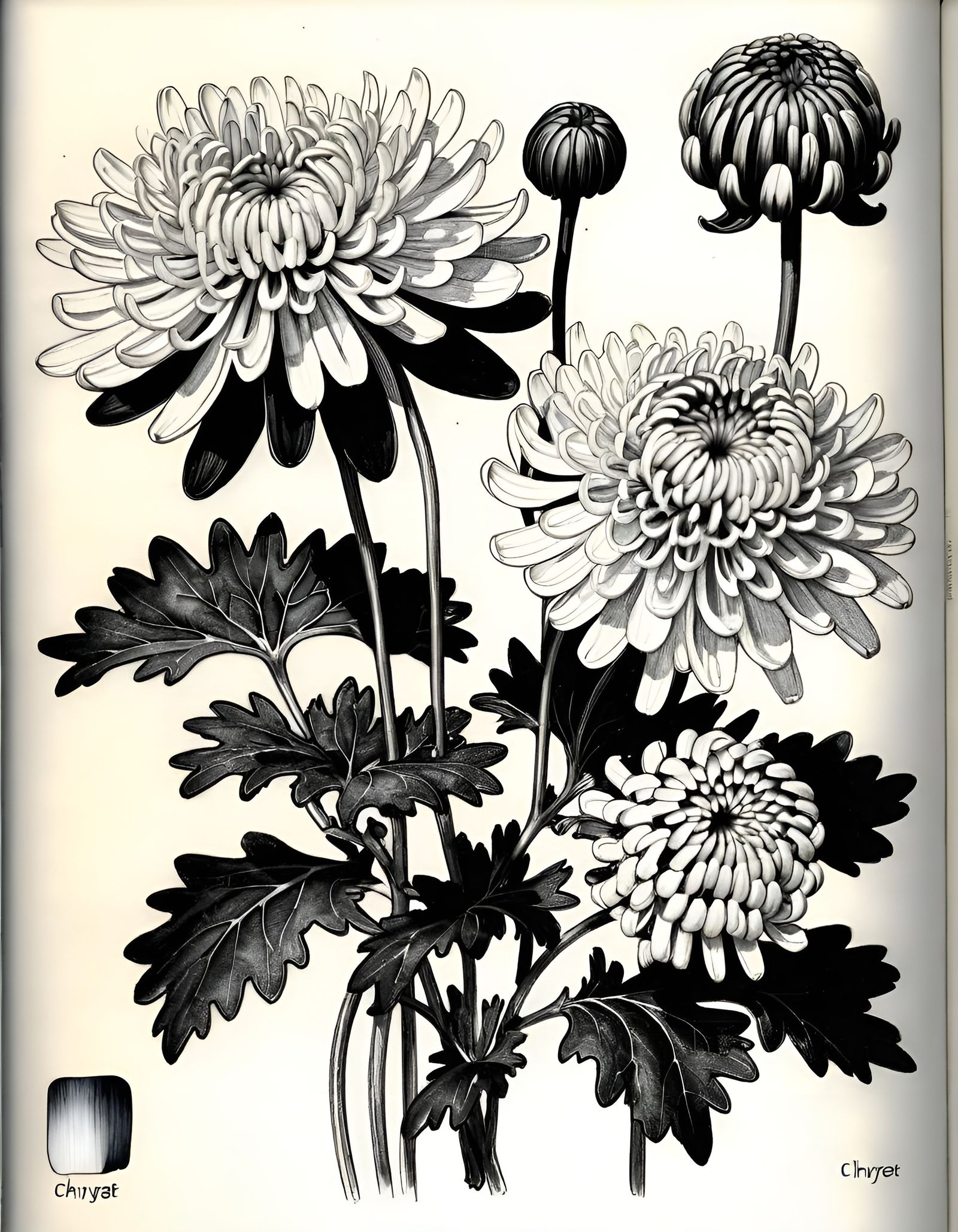 Chrysanthemum Botanical Ink Drawing in Line Art Style