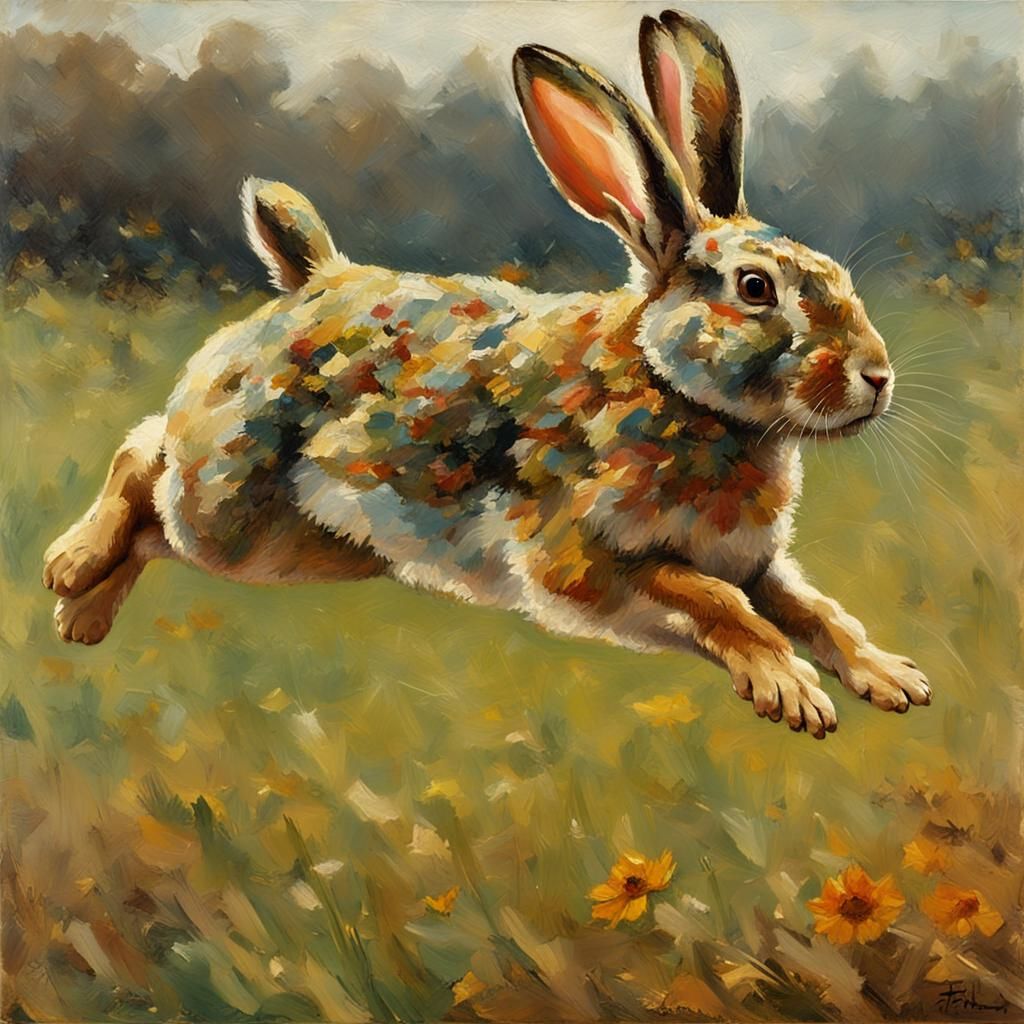 Rabbit Leaping Over Autumn Field: Oil Painting
