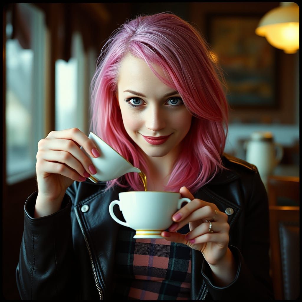 Ethereal Pink Haired Woman Dances with Tea in Cinematic Film...