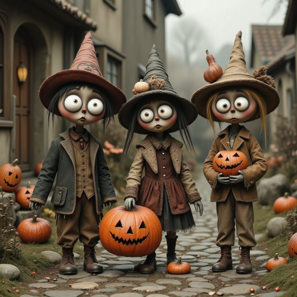 Surreal Big-Eyed Children in Costumes Trick-or-Treating in V...