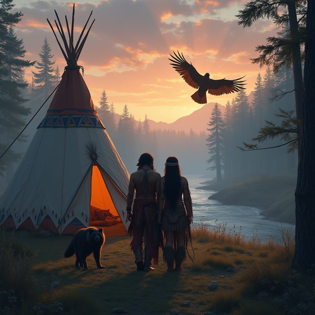 Native American Couple and Wolf Before Teepee at Dusk
