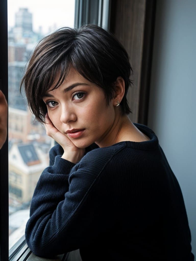Young Woman Leans Against Window in Cityscape