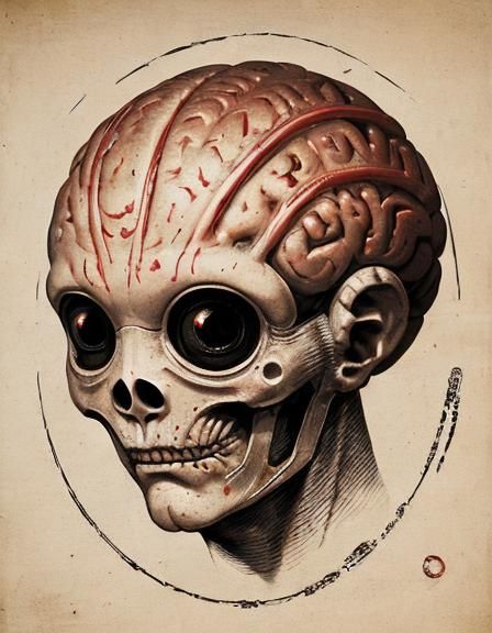 Alien Astronaut Red Ink Print, Japanese Art