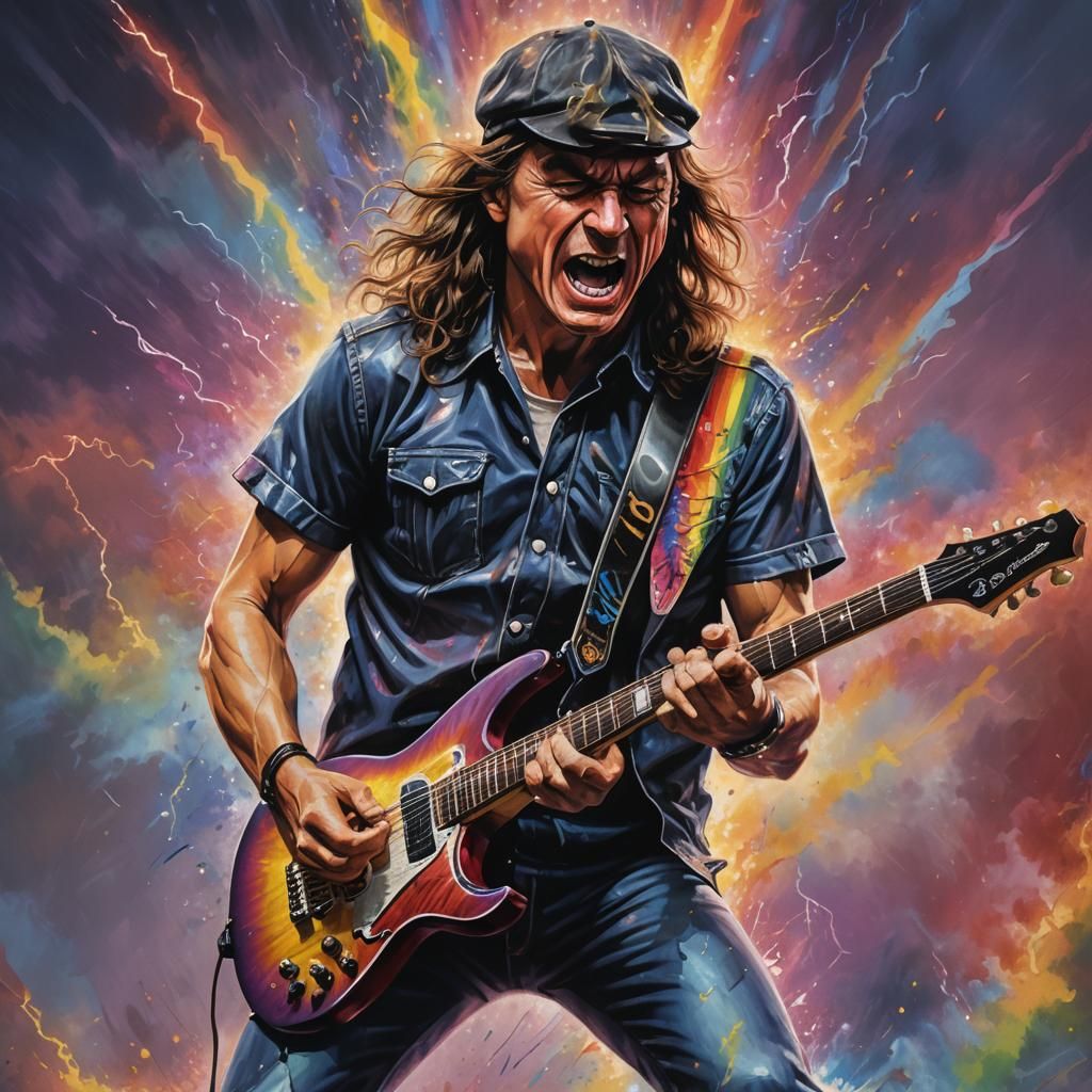 Electric Guitarist with Rainbow Lightning, Hyperrealistic Ar...