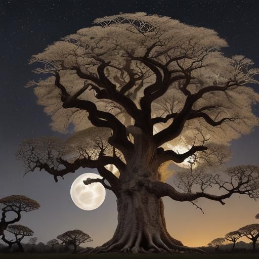 Gnarled old blood oak tree with a big full moon  in backgrou...