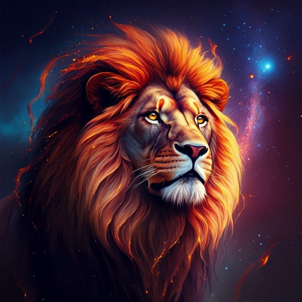 Fiery Lion Digital Painting with Astral Patterns
