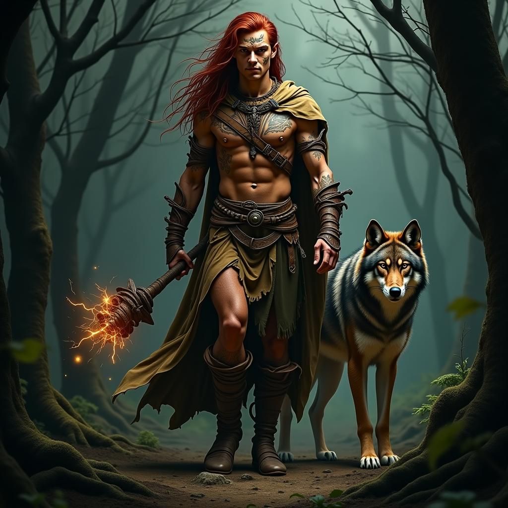 Wood Elf Druid and Loyal Wolf in Dark Forest