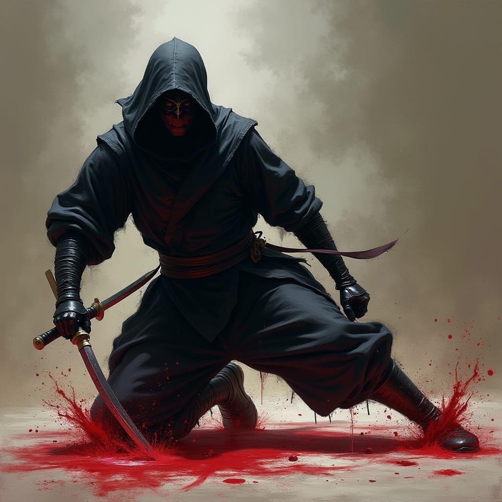 Ninja Falling with Blood Splatters in Dramatic Lighting