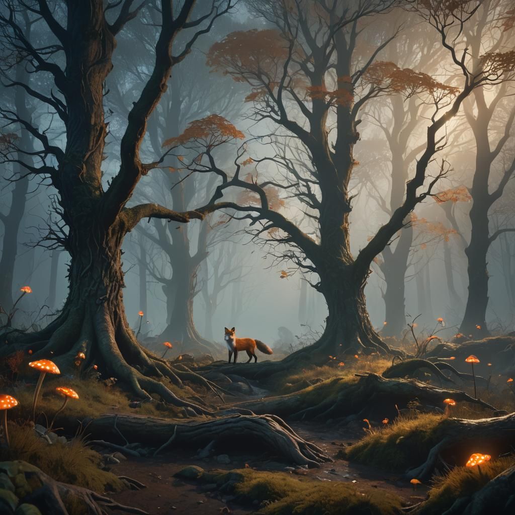 Fox in Foggy Forest: Detailed Matte Painting