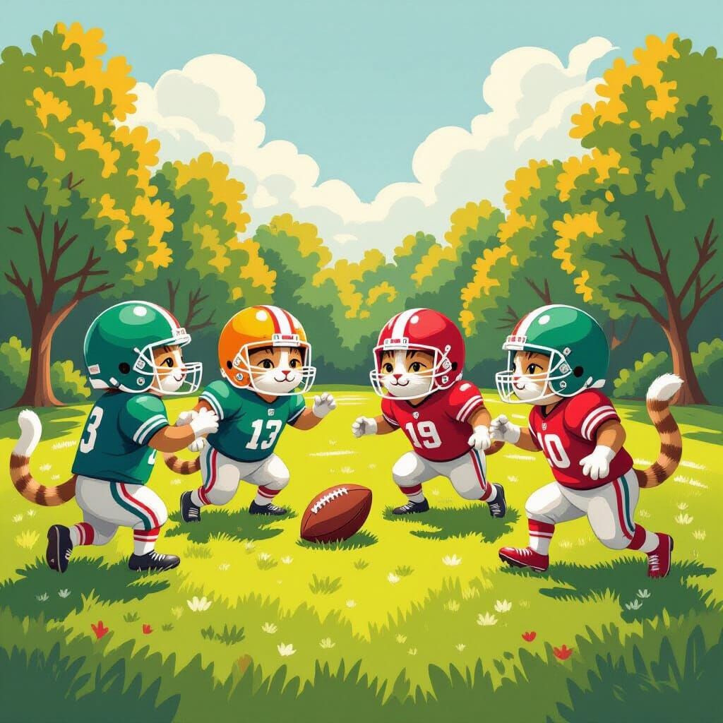Cats Playing Football in Whimsical Illustration Style