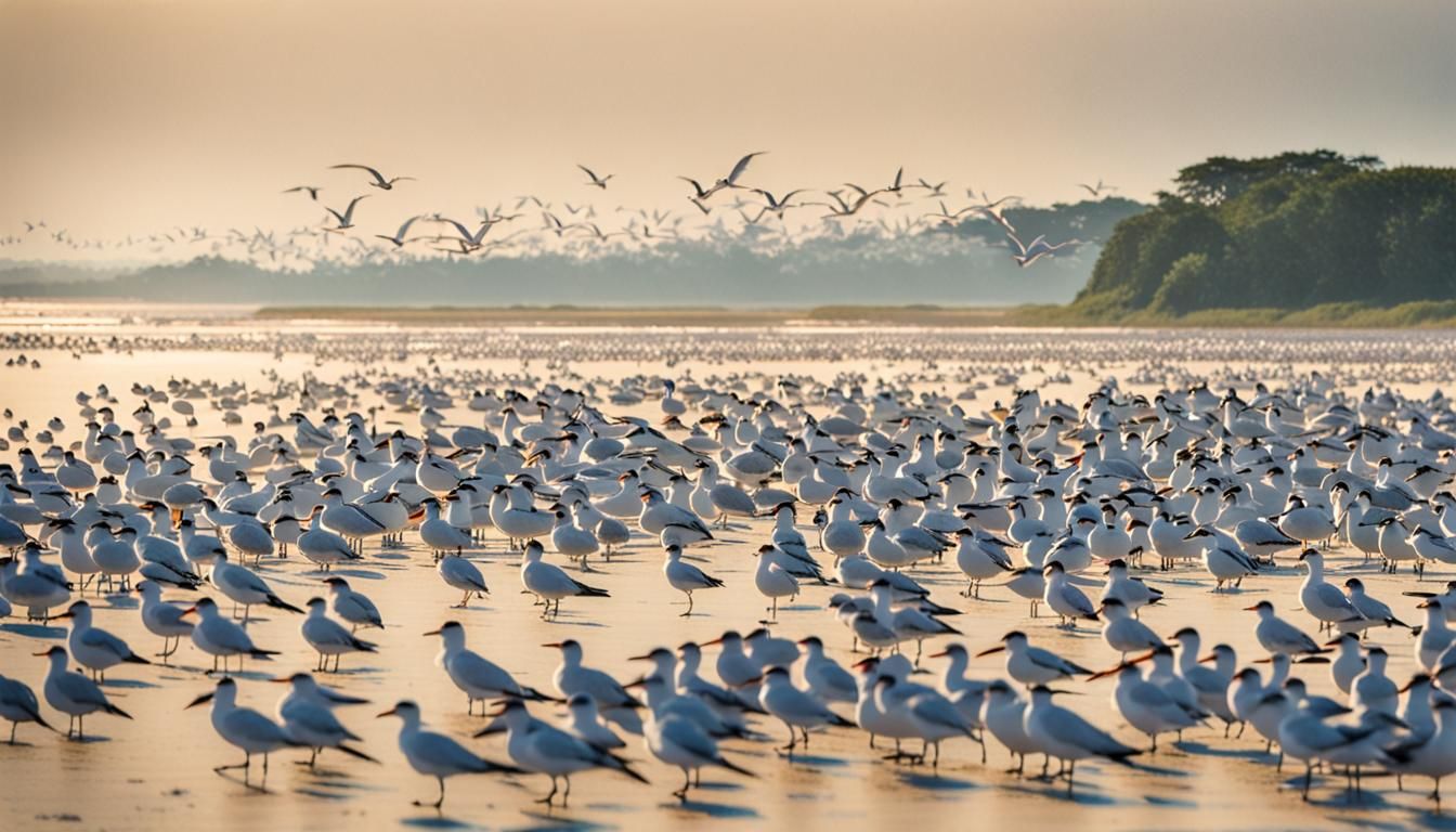 Elegant Terns Nesting on Crowded Sandbar
