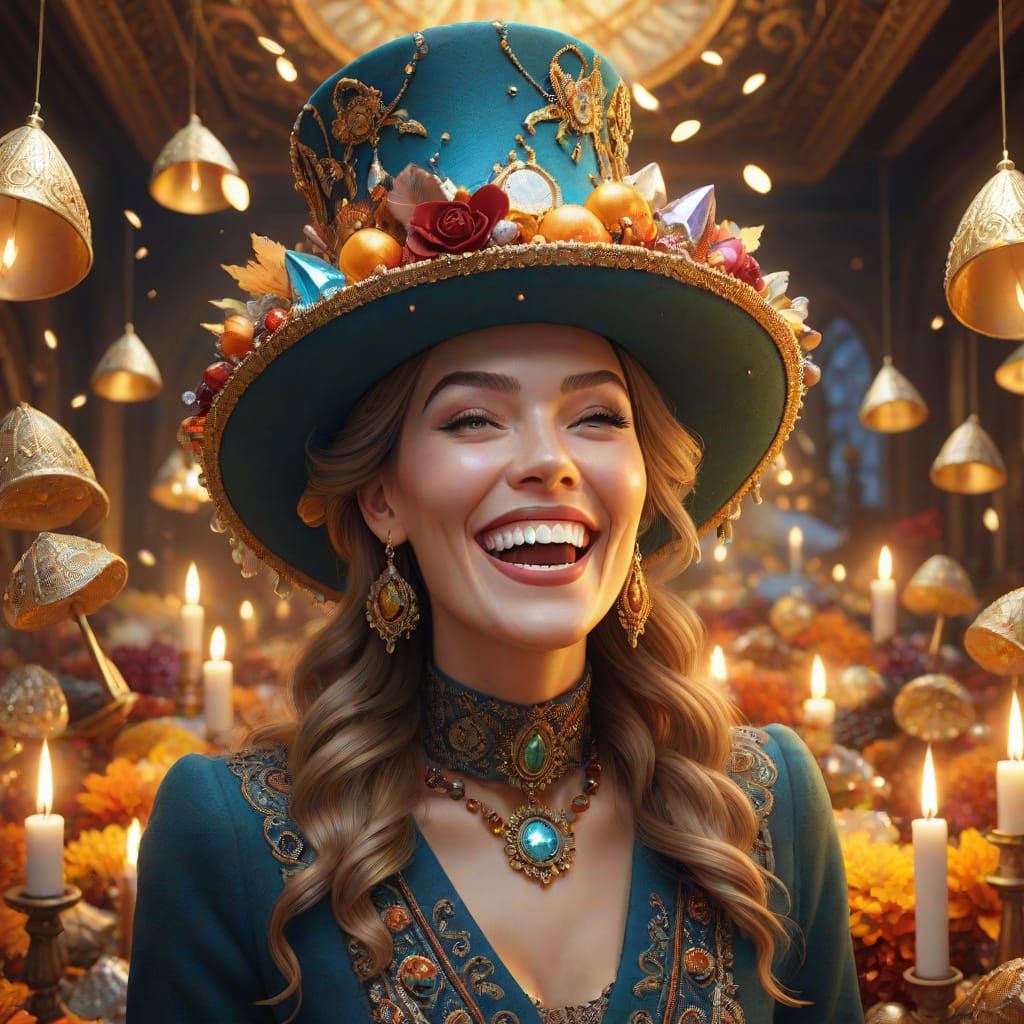 Joyful Woman Surrounded by Whimsical Hats and Crystals