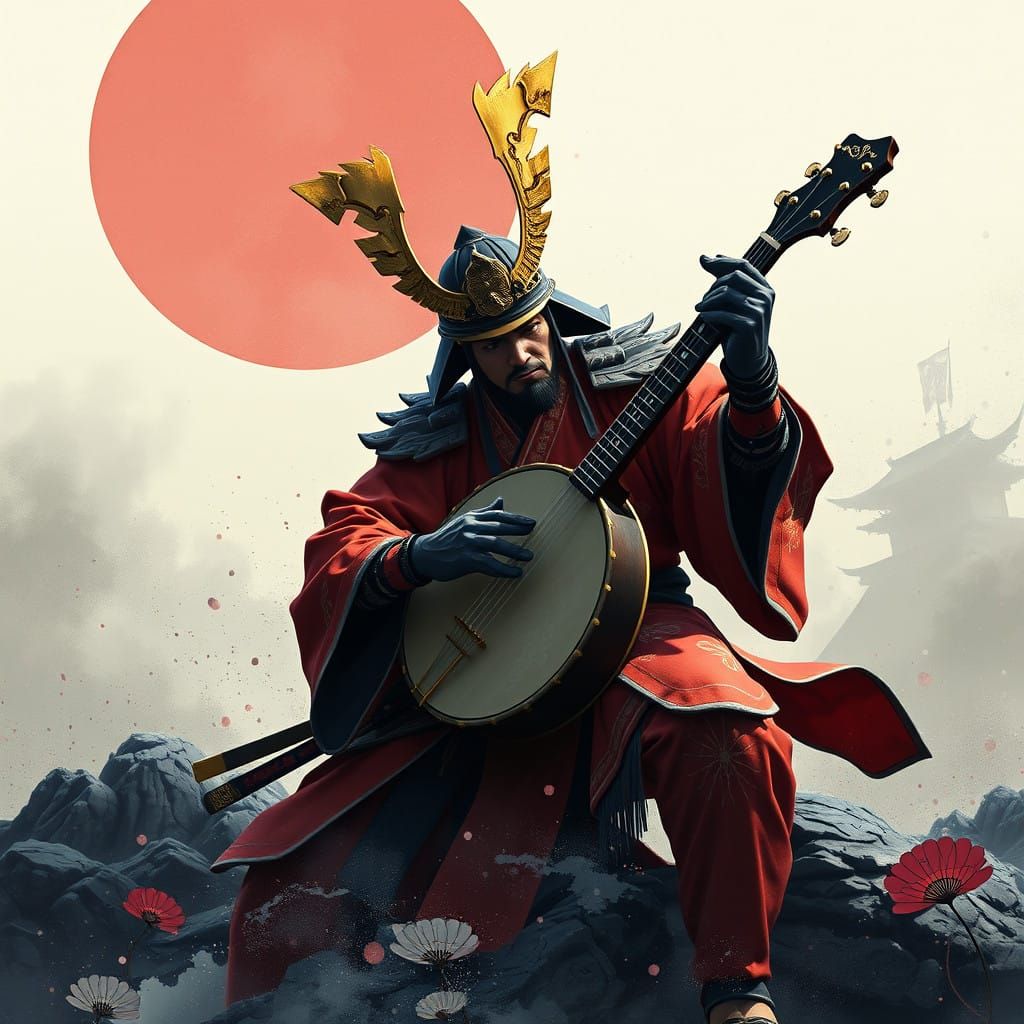 Ethereal Samurai Plays Banjo in Vibrant, Fantastical Landsca...