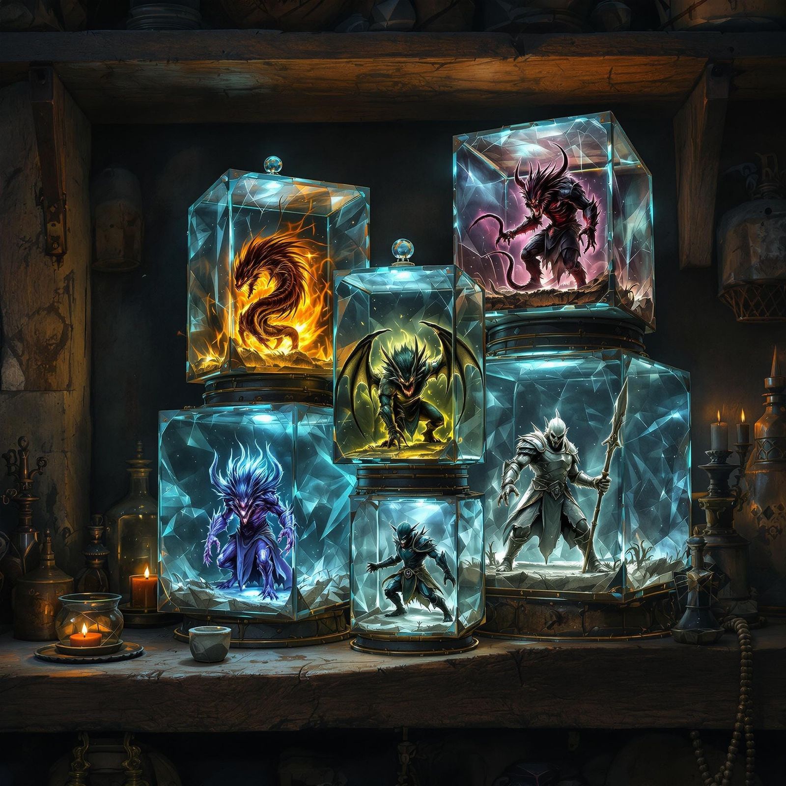Fantasy Creatures in Glass Cubes, Suspended in an Alchemist'...