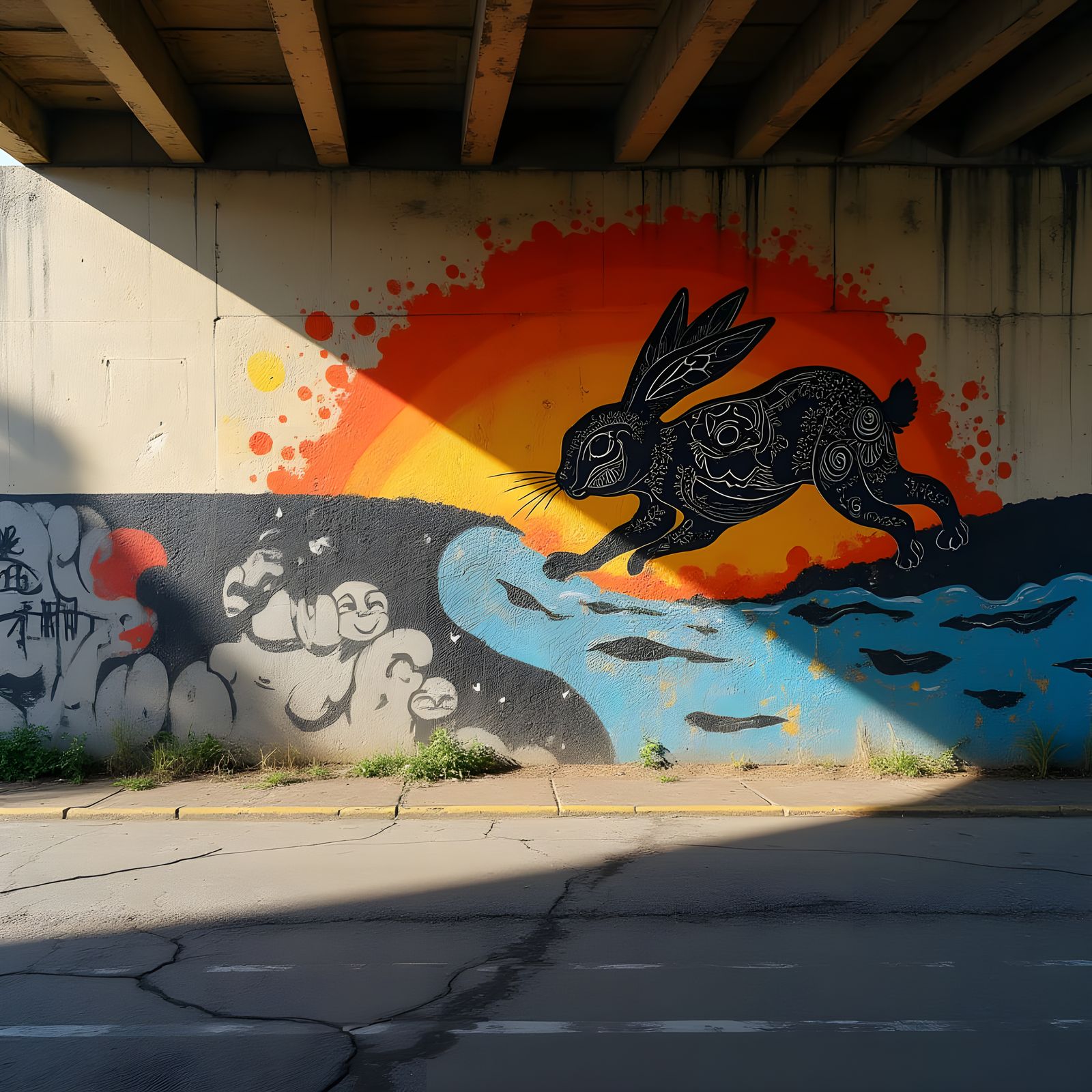 Hyperrealistic Graffiti Art Under Bridge with Sunlight