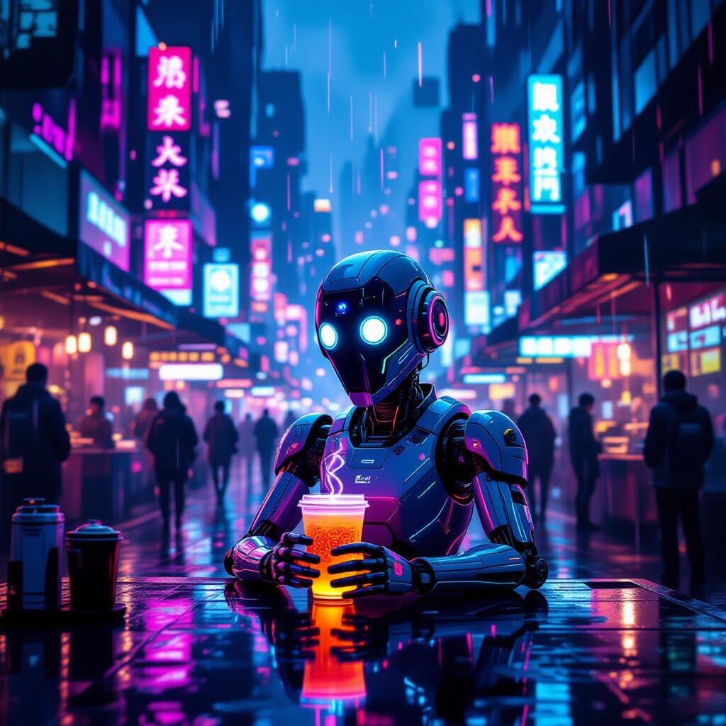 Automaton Barista in Futuristic Cyberpunk Metropolis