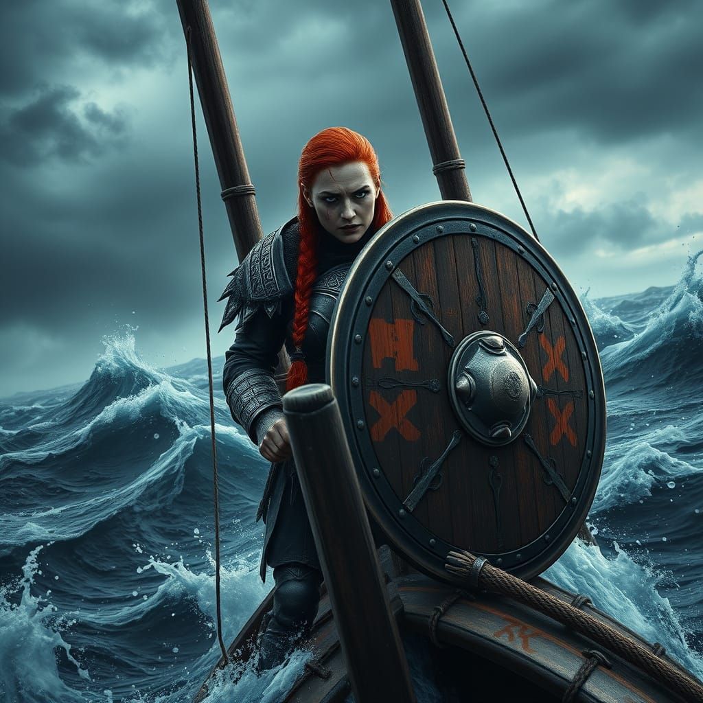 Viking Shieldmaiden on Stormy Sea: Norse Fantasy Art