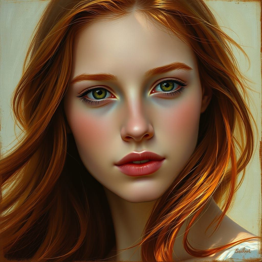 Serene Auburn Haired Woman Portrait in Classical Oil Style