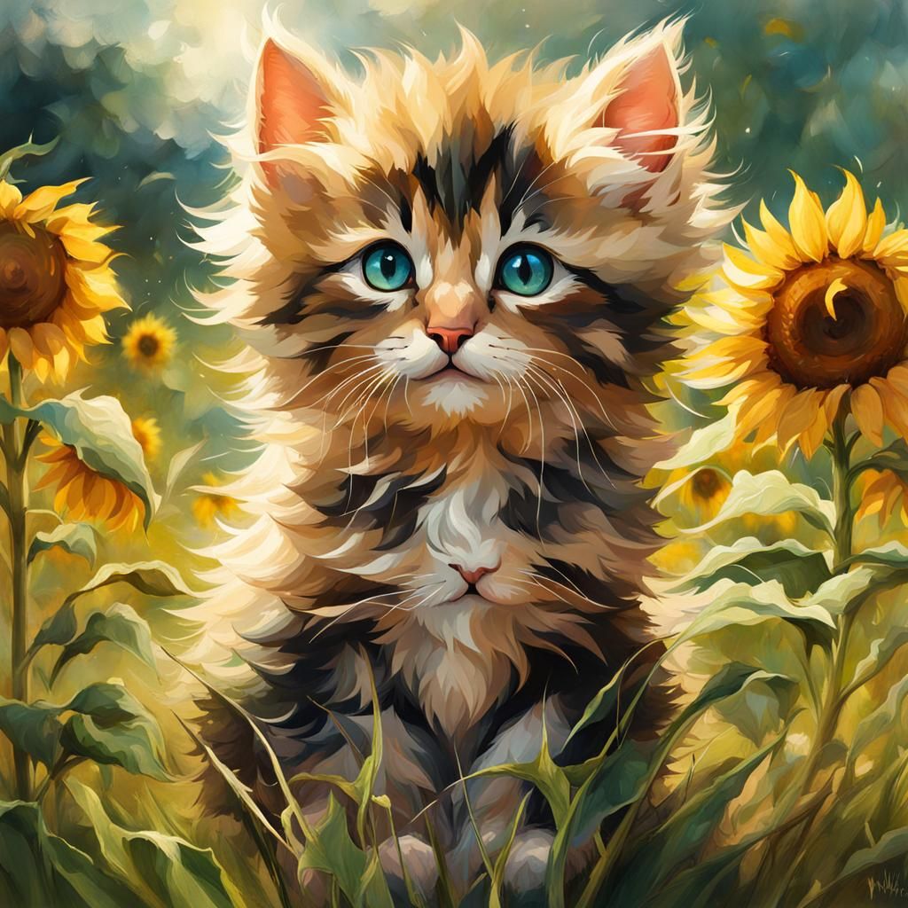Cute Kitten in Sunflowers Digital Art