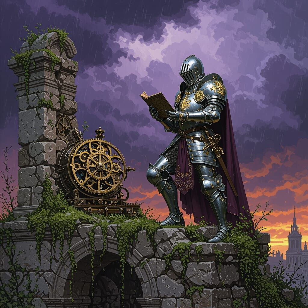 Knight Explores Ancient Mechanical Ruin Under Stormy Sky