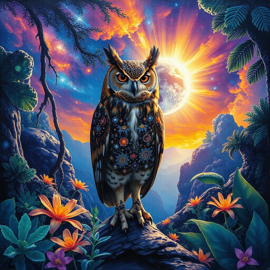 Encaustic Owl in Alien Jungle Twilight