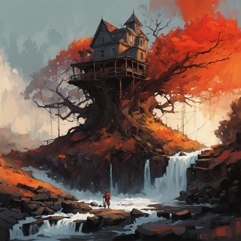 Majestic Tree Beside Crimson Waterfall in Dark Oil Painting ...