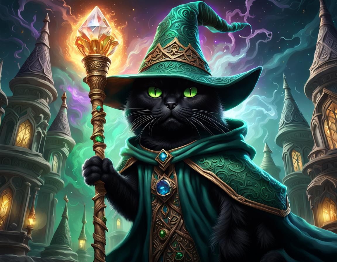 Black Cat Wizard with Crystal Staff in Dark Fantasy Style