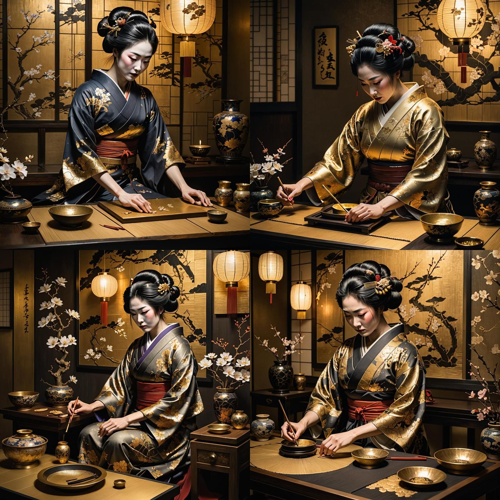 Geisha Creates Kintsugi in Dimly Lit Room