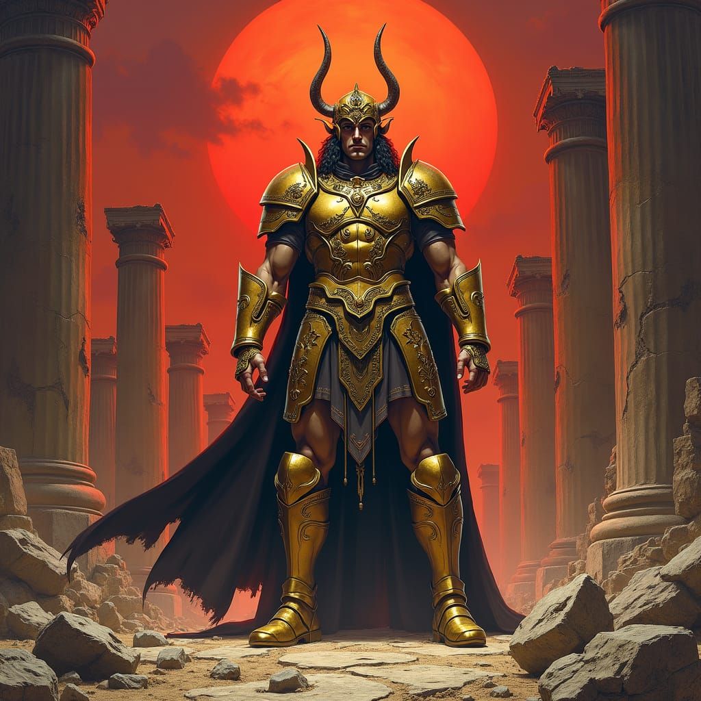 Victorious Golden Warrior in Ruined Cityscape