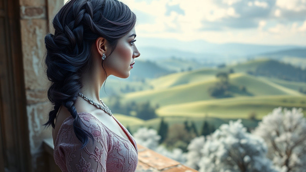 Princess with Braided Hair on Stone Balcony