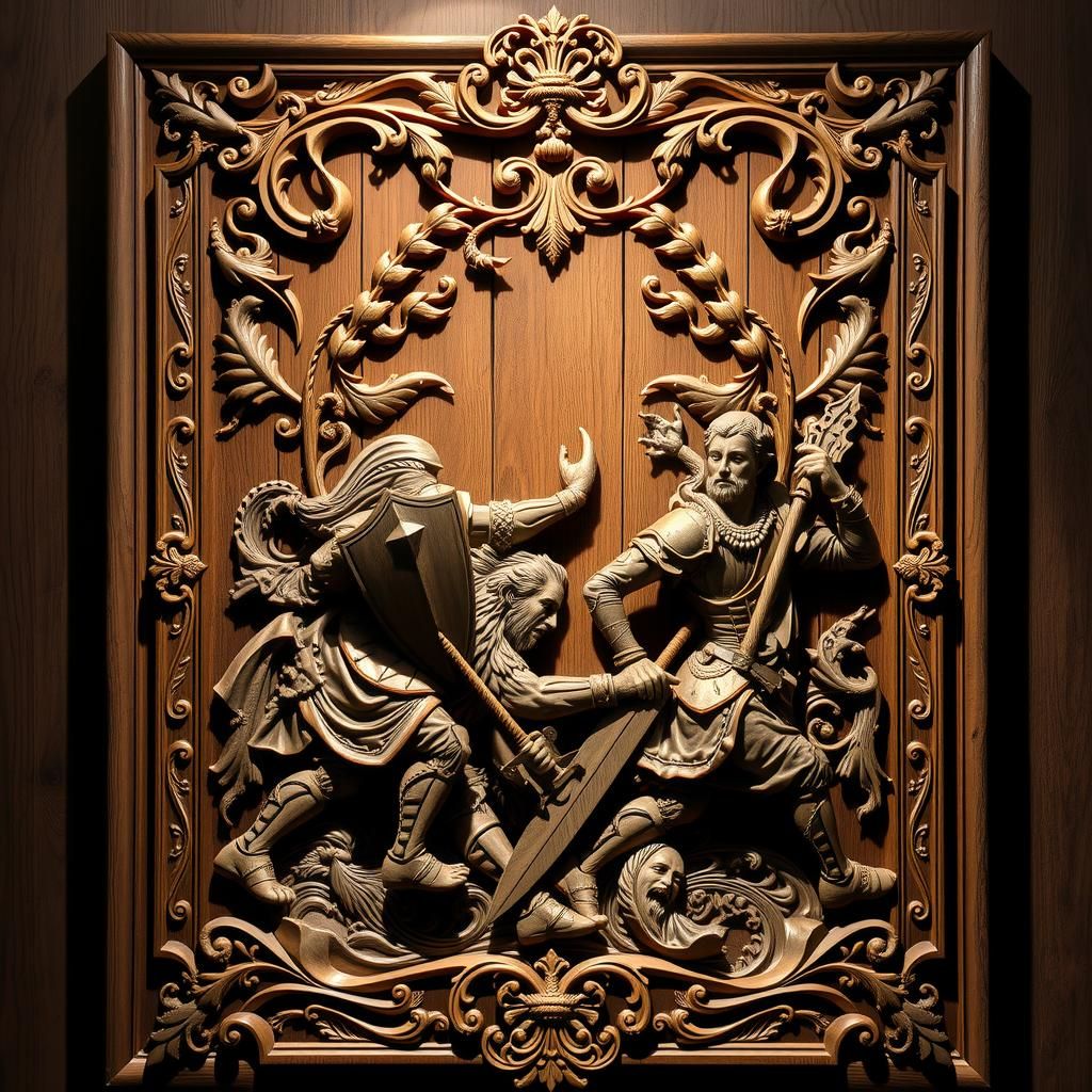 Medieval Battle Carved Oak Door Panel