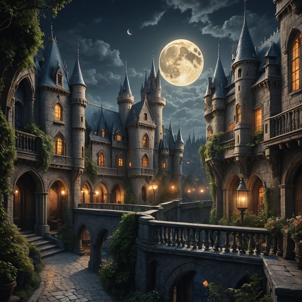 Moonlit Princess at Medieval Castle Balcony