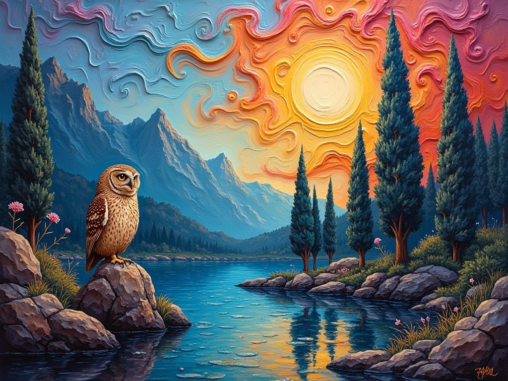 Little Owl in Dreamy Forest, Bold Impasto Oil Painting
