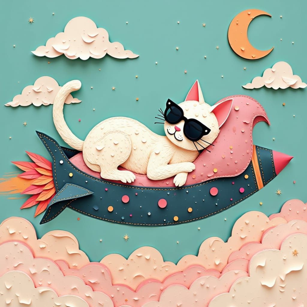 <lora:HoldTheNight:1.0> <lora:PAPERCUTS:1.0>  a chill cat we...