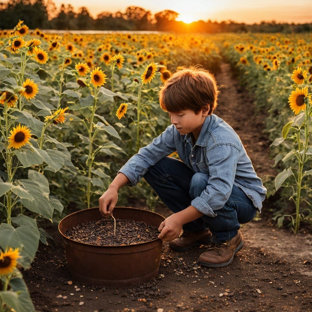 Boy Sowing Sunflower Seeds at Sunset