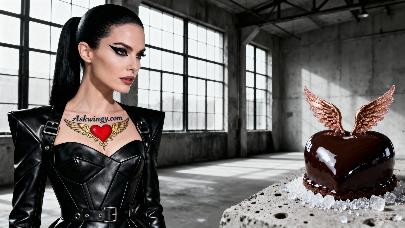 Woman in Couture Leather Gown with Heart Cake