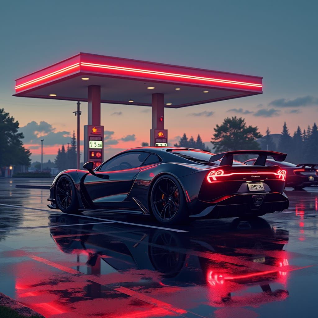 Futuristic Sports Car at Neon Petrol Station