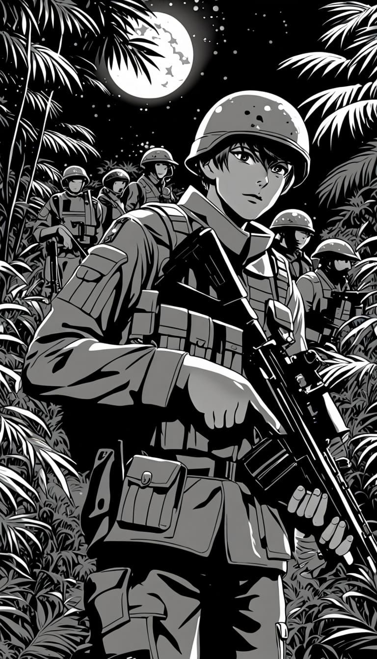 Diverse Soldiers on Covert Night Mission in Jungle
