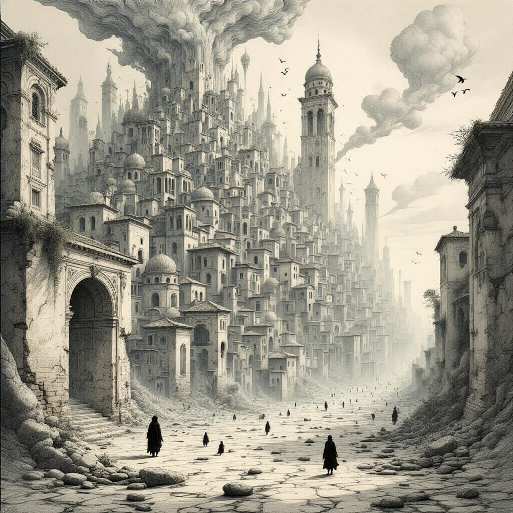 Surreal Ancient City Transformation as Pencil Drawing