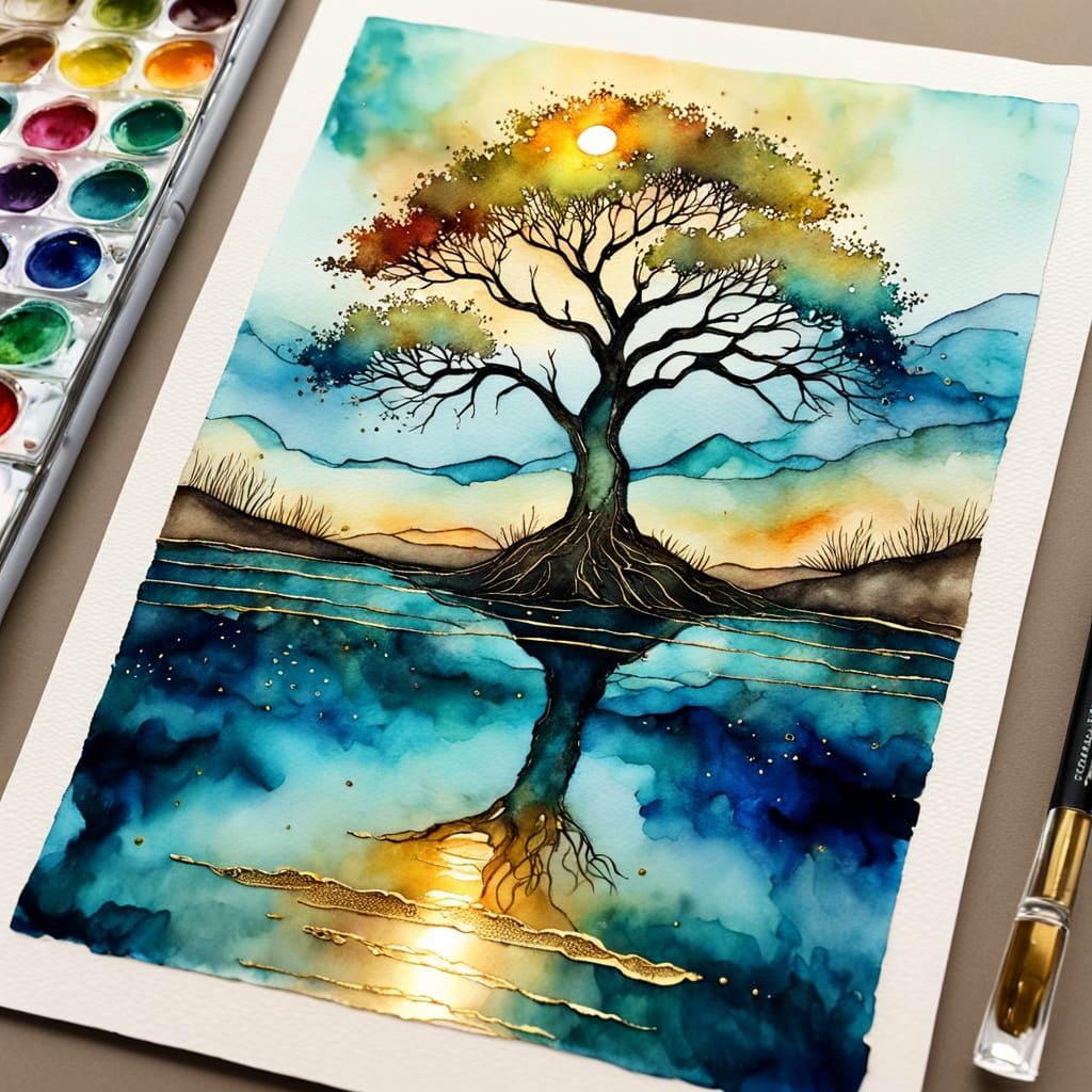 Tranquil Tree on Shore with Gold Accents as Mixed Media