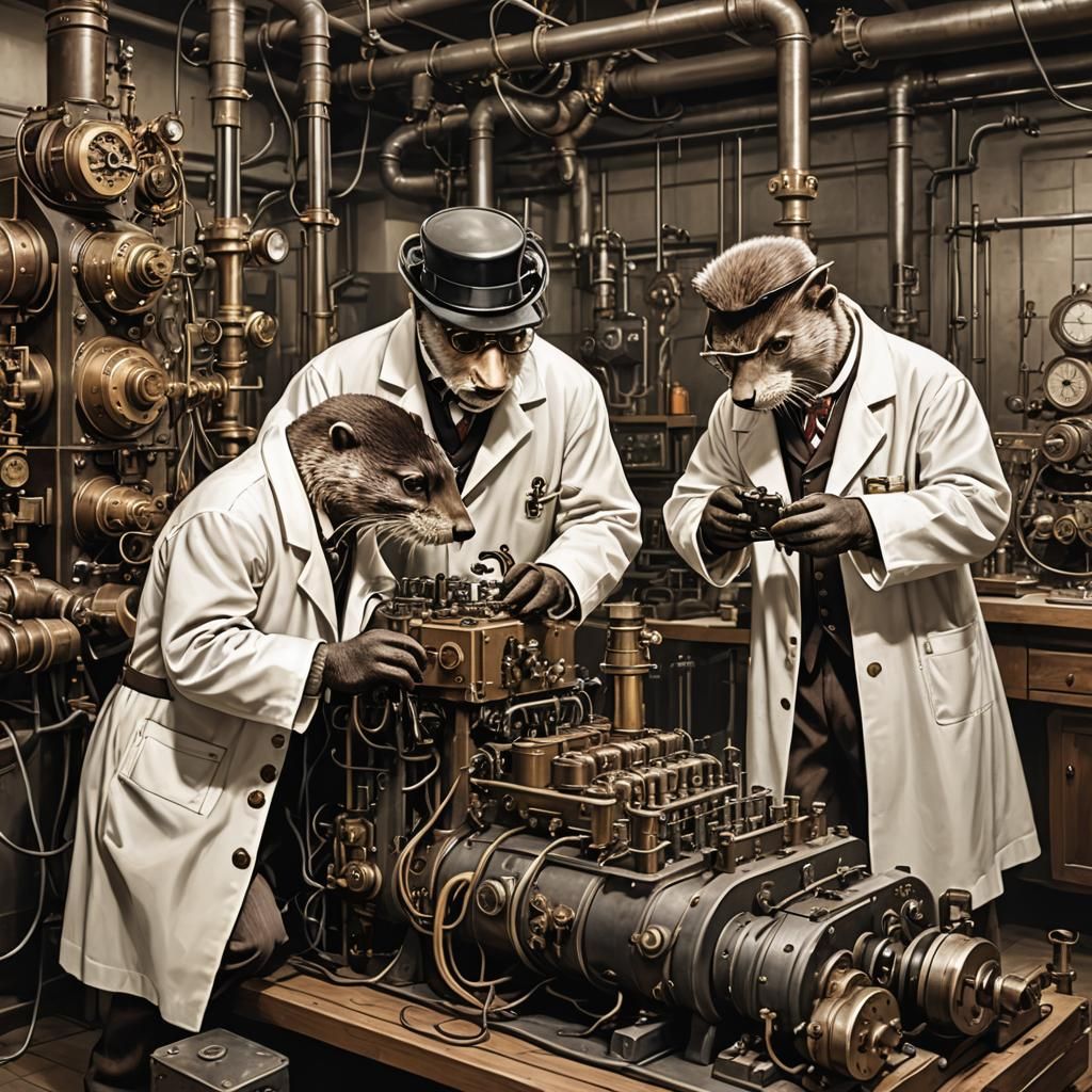 Steampunk Otters Repairing ENIAC Computer