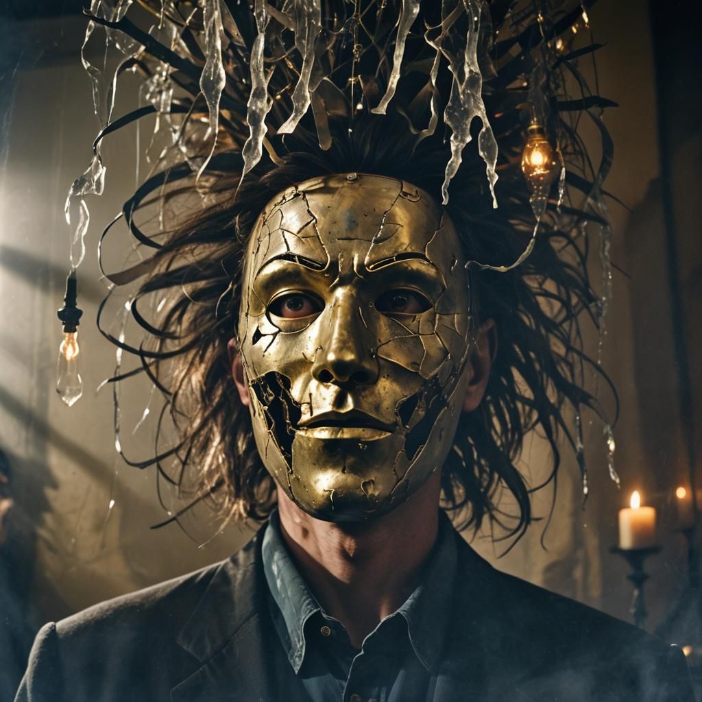 Cracked Mask in Crowded Room: Surrealism Portrait