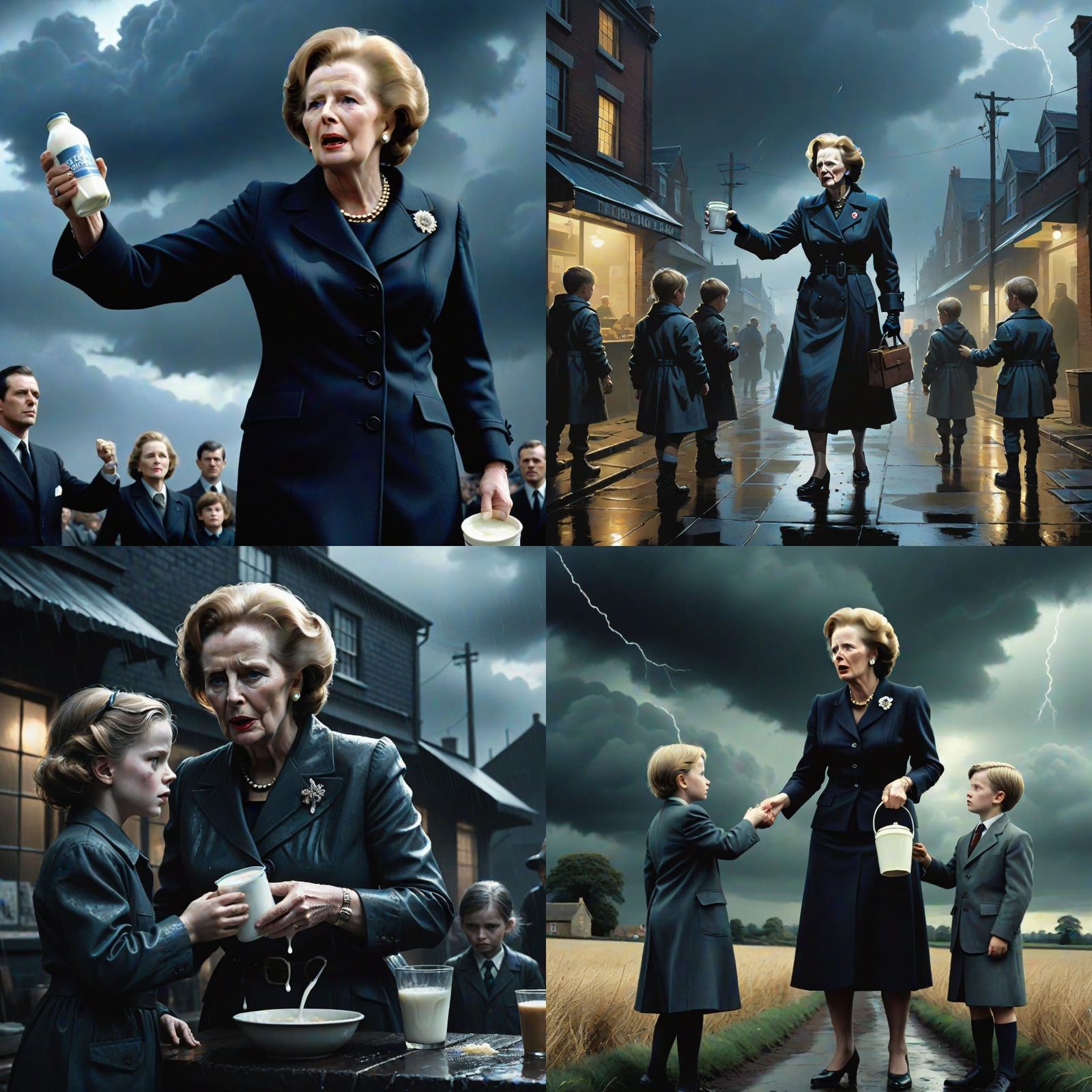 Ugly Margaret Thatcher snatching milk from children’s hands, film noir mannerism photorealism ominous thunderstorm post-...