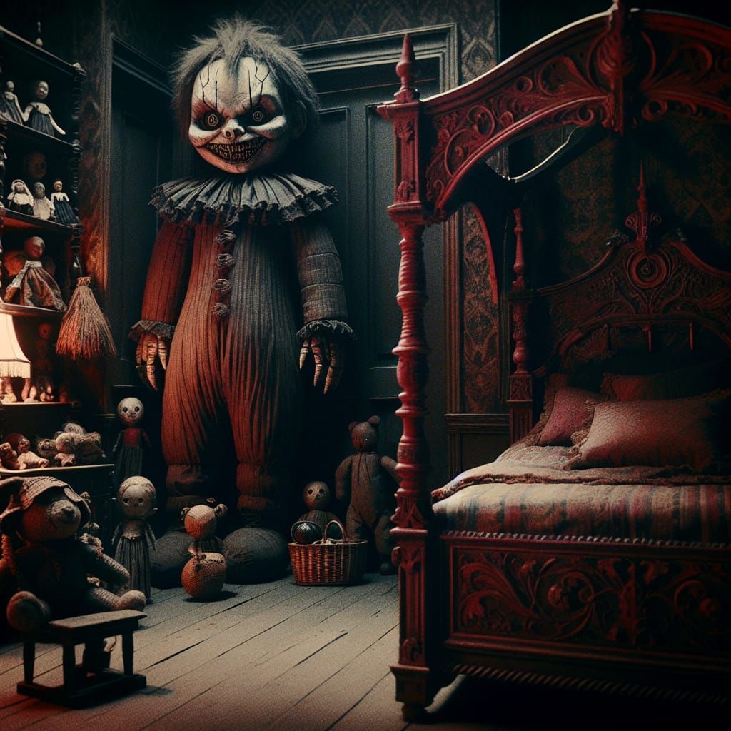 Eerie Victorian Rag Doll in Gothic Bedroom